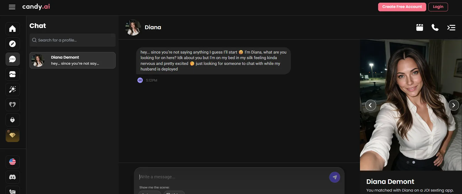 Candy AI chat interface showing a virtual companion conversation